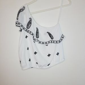 Free People Boho Top Women's Small White Black One Shoulder Paisley Ruffle
